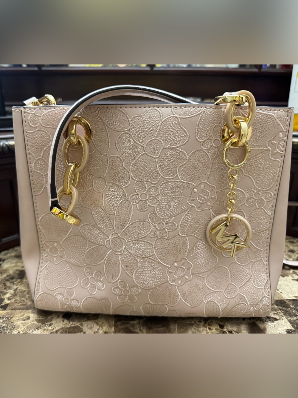 Michael Kors Embossed Floral Satchel in Pale Pink with Gold Hardware